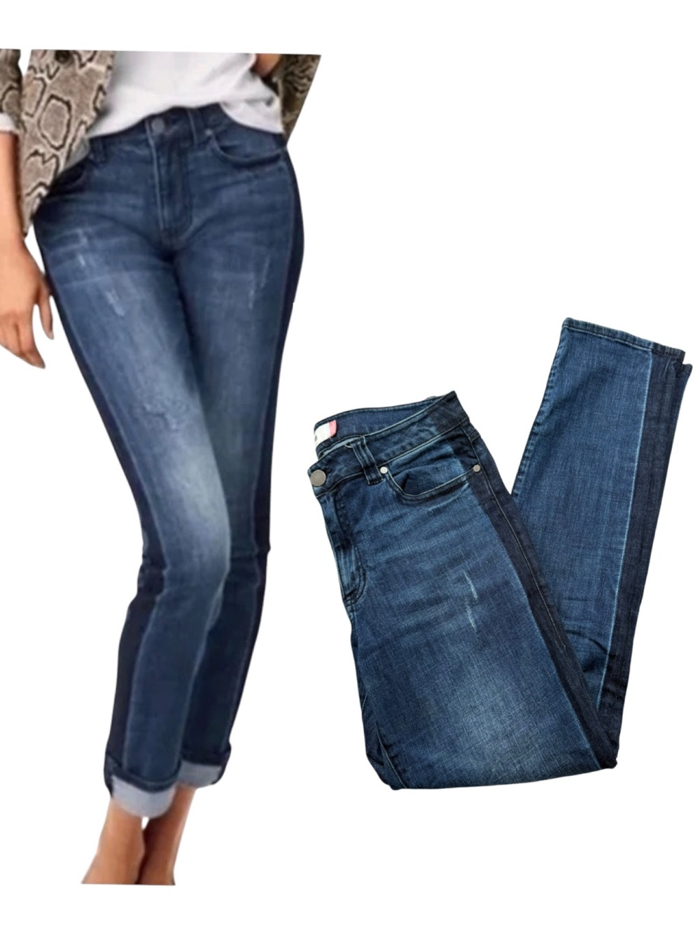 CAbi Tuxedo High Straight Leg Jeans Two-Tone Dark Stripe Denim Size 8 Stretch